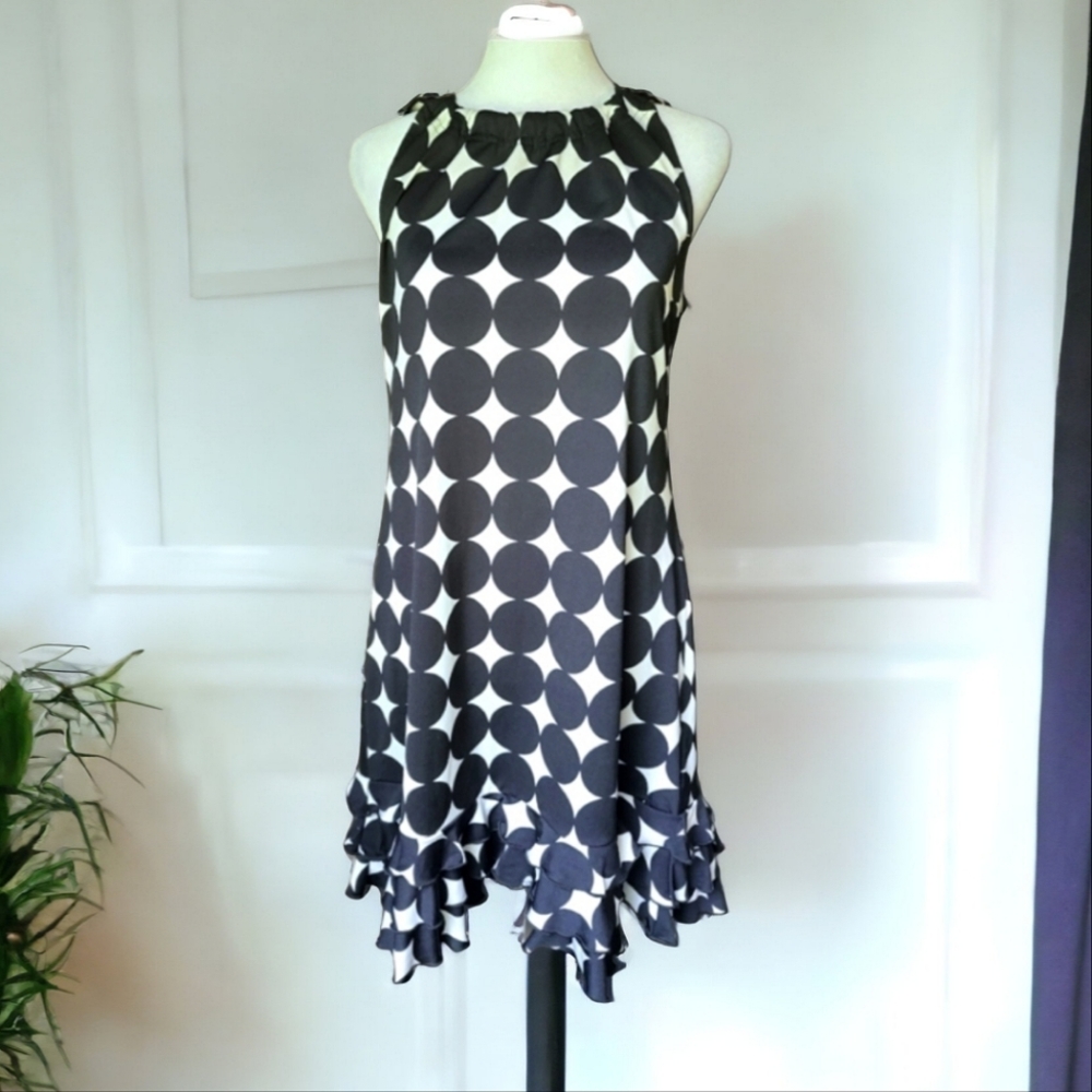 K Studio Collection Black & White Polka Dot Ruffle Sleeveless Dress Size…